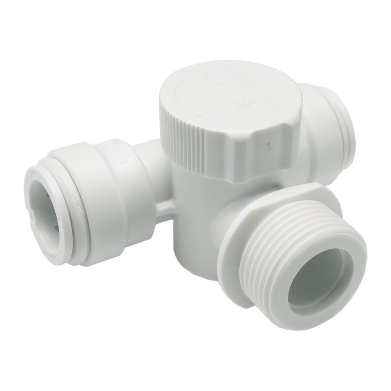JG Speedfit white plastic push-fit appliance tap tee with 3/4 inch washing machine outlet JG Speedfit white plastic push-fit appliance tap tee with 3/4 inch washing machine outlet